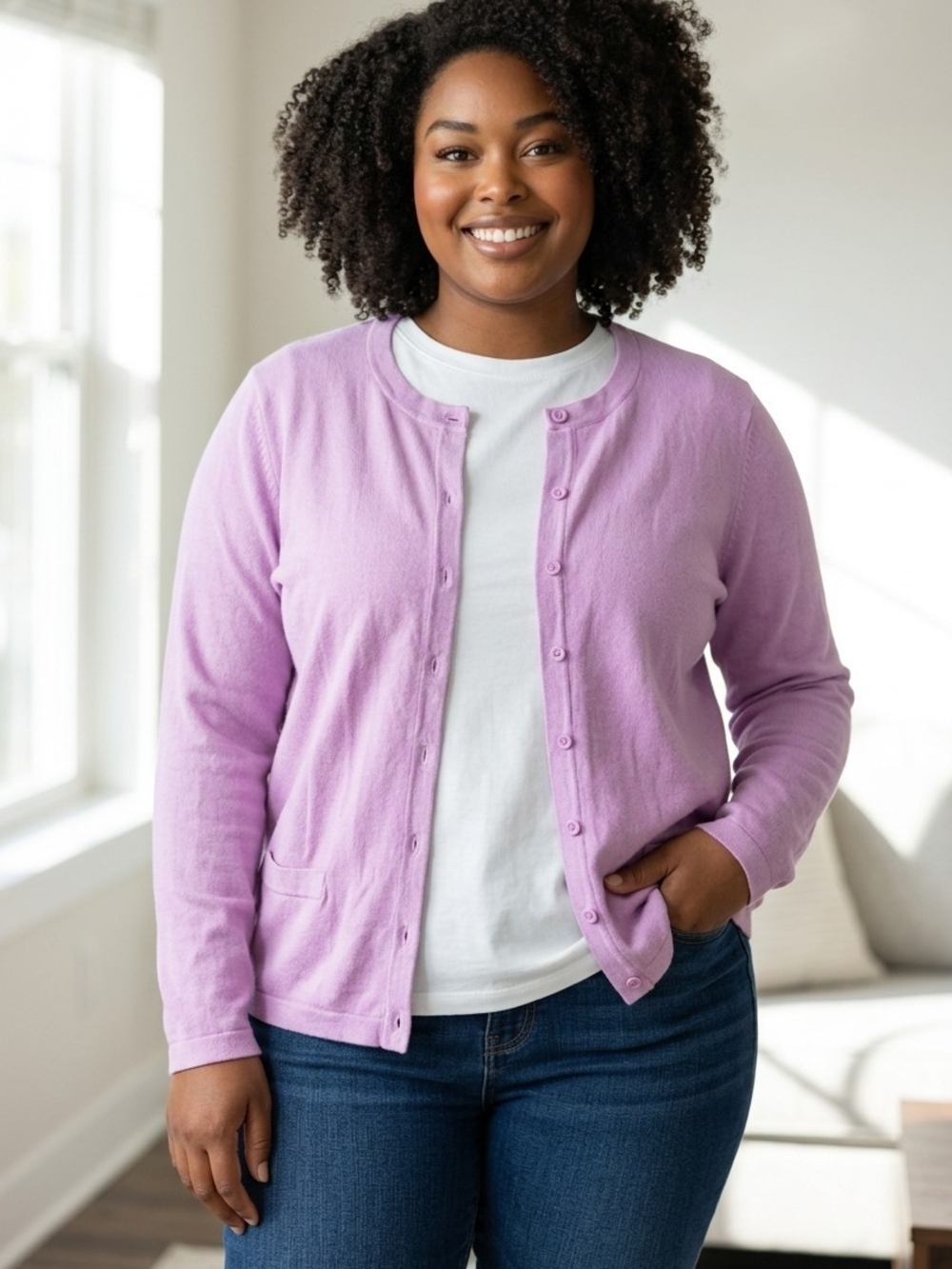 Northern Reflections Lilac Crewneck Button-Front Women's Cardigan